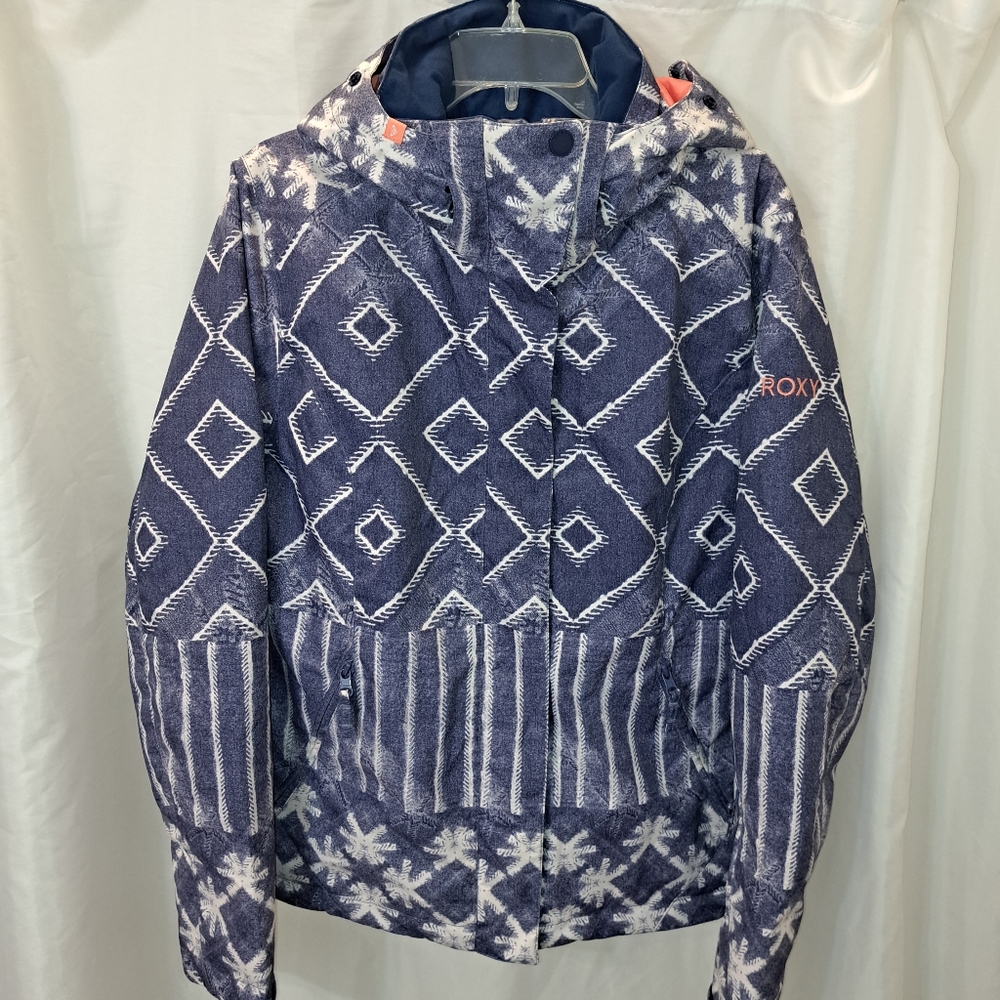 Roxy Ladies L Blue and White Patterned Ski Snow Winter Puffer Jacket Coat EUC - Picture 4 of 5
